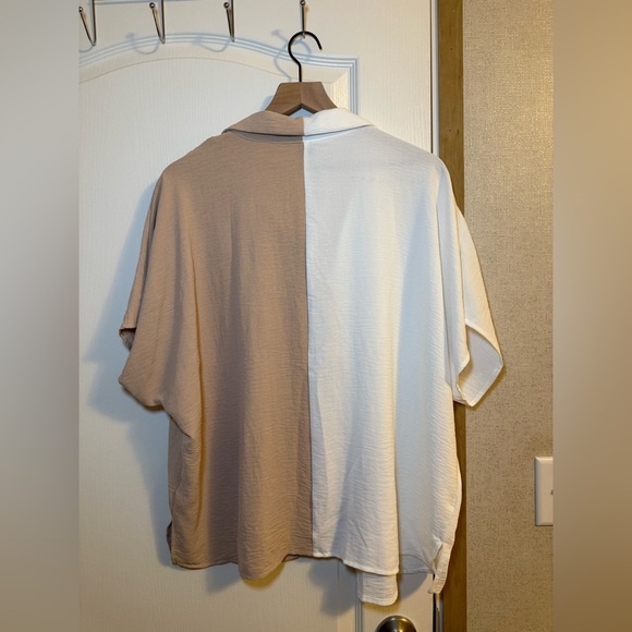 SHEIN Curve Seasty Color Block Batwing Sleeve Button-Up Blouse – Tan & White - Picture 3 of 3